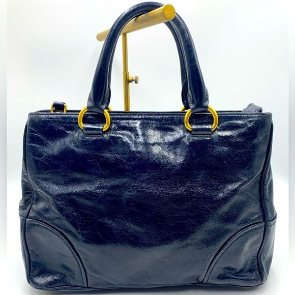 Prada Navy Blue Vitello Shine Medium 2way Shopping Tote Bag Preloved Purse - Picture 2 of 16